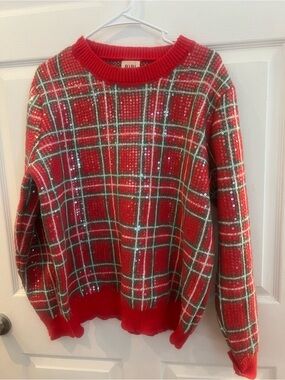 BiBi Red Plaid Sequin Crewneck Sweater